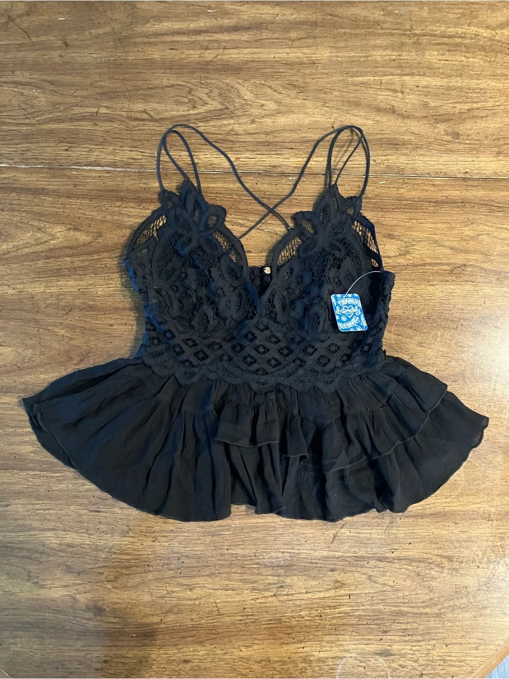 NWT Free People Adella Cami Black Lace Ruffle Peplum Tank Top XL Boho Coquette
